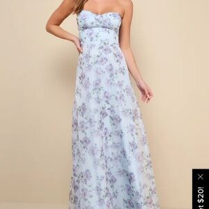 Lulus Chic Preciousness Light Blue Floral Organza Bustier Maxi Dress - Size L